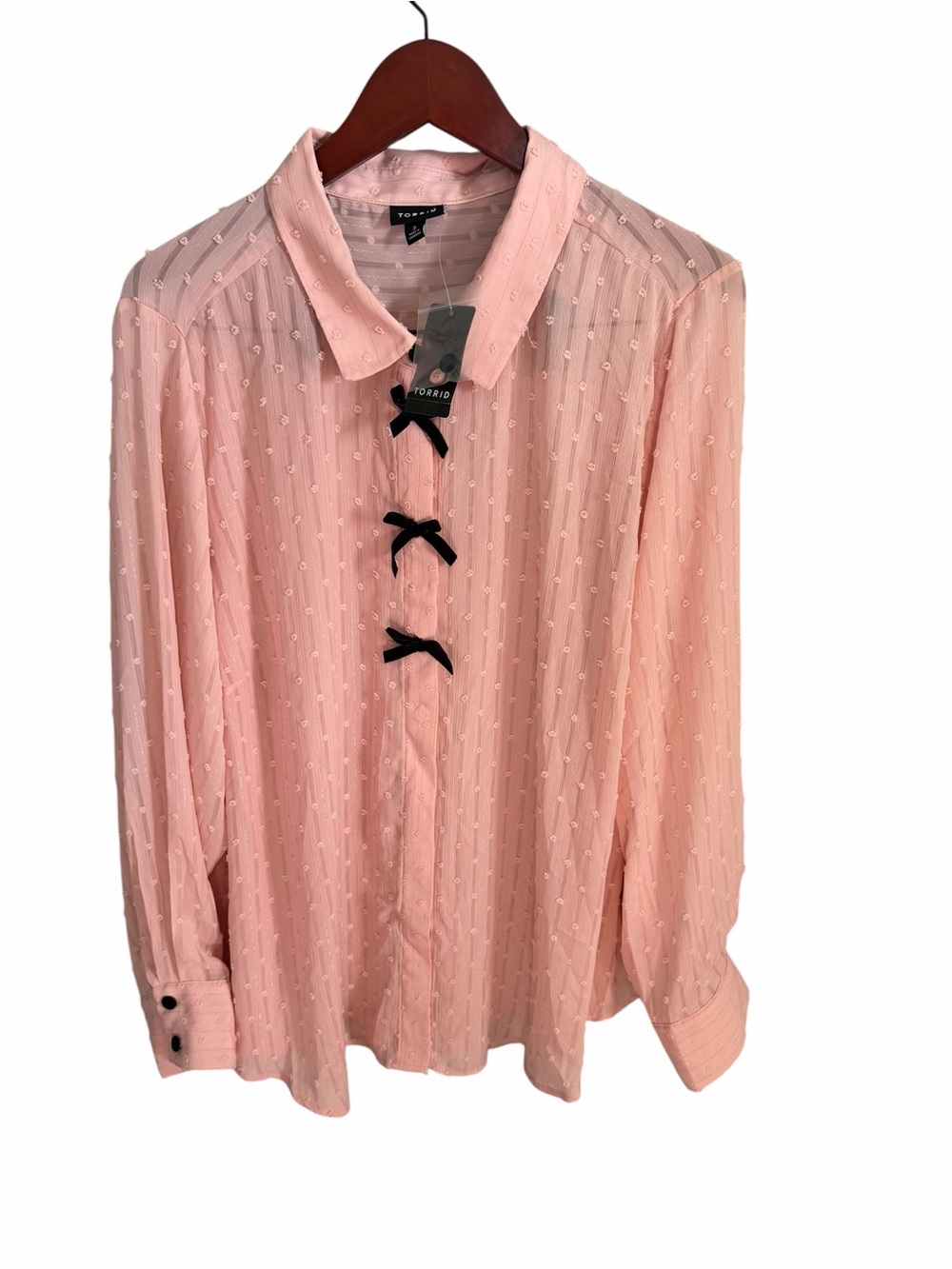 torrid 3 Pink Sheer Dot-Textured Button Blouse with Black Bow Trim 3X